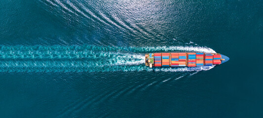 Aerial top view of cargo ship with contrail in the ocean sea ship carrying container and running  from container international port smart freight shipping by ship service, webinar banner - obrazy, fototapety, plakaty