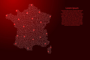 France map from red pattern of the maze grid and glowing space stars grid. Vector illustration.