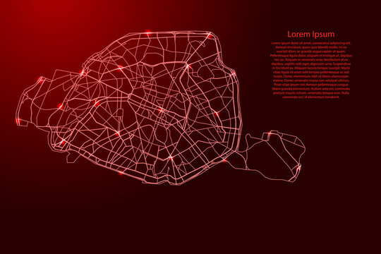 Paris map from the contours network red, luminous space stars for banner, poster, greeting card. Vector illustration.