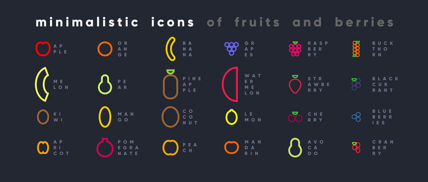 Set of minimalist icons of fruits and berries. Simplified style. Abstract icons. Vector