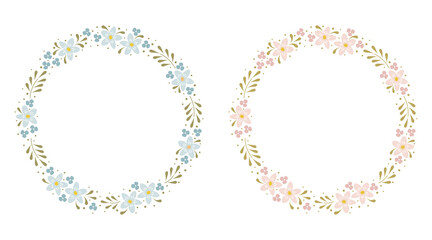 Vector floral frames set in two color decisions.  Flower decoration, circle round frame, spring, plant, leaves decorative elements. 