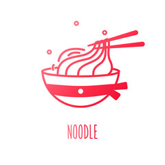 Noodle in a tureen with chopsticks in color line style. Vector gradient icon. - 389899097