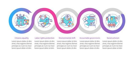 Social change values vector infographic template. Labor rights, government presentation design elements. Data visualization with 5 steps. Process timeline chart. Workflow layout with linear icons