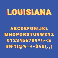Louisiana vintage 3d vector alphabet set. Retro bold font, typeface. Pop art stylized lettering. Old school style letters, numbers, symbols pack. 90s, 80s creative typeset design template