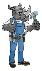 A rhino cartoon animal mascot carpenter or handyman builder construction maintenance contractor holding a hammer and giving a thumbs up