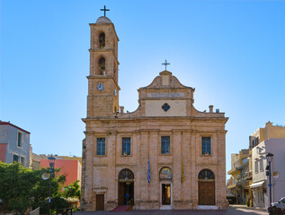 Fototapeta premium Church and Greek Orthodox cathedral of presentation of the Virgin Mary in Chania, Crete, Greece in early morning. Frontal shot of facade.