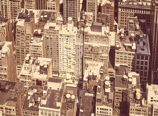 Aerial view of residential buildings in New York City, sepia color toning applied, USA.