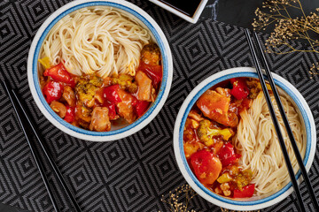 Asian dish. Noodle with vegetables in sweet and sour sauce.