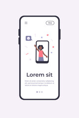 African American girl on phone screen. Positive speech bubble, blogger, video call flat vector illustration. Communication, social media, blog concept for banner, website design or landing web page