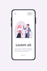 Man and woman talking and wearing masks. Protection, face, distance flat vector illustration. Pandemic and virus concept for banner, website design or landing web page