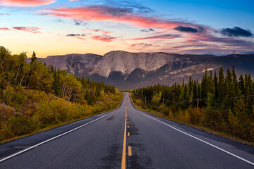 View of Scenic Road surrounded by Trees and Rocky Mountains on a Cloudy Fall Season in Canadian Nature. Colorful Sunset Artistic Render. Taken near Whitehorse, Yukon, Canada. - obrazy, fototapety, plakaty