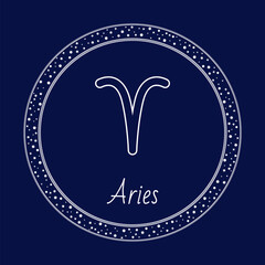 Aries astrology zodiac horoscope symbol in round starry circle on blue color. Astrological card with constellation symbol in round shape. Birthday month and galaxy fantasy object flat design vector