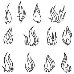 Fire Flames Icons Vector Set. Hand Drawn Doodle Sketch Fire Flame Tattoo Black and White Drawing.