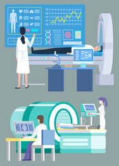 Clinical diagnosis and healthcare vector, diagnostics with help of modern devices. MRI and CT computed tomography and magnetic resonance imaging set