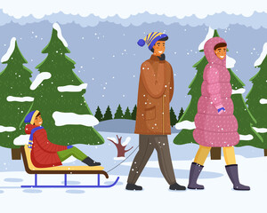 Family of three walks in winter forest. Mom in pink coat, girl rides sledges, dad rides daughter on sled. Snowy landscape, scenic area. White landscape, picturesque area. Spend time with family