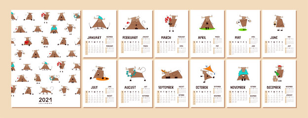 Calendar or planner A4 format for 2021 with a cute kawaii bull isolated on white. Symbol of New Year. Cover and 12 monthly pages with illustrations of happy smiling ox, cow. Week starts on Sunday