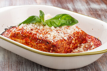 Lasagna. Traditional Italian dish. With minced meat and parmesan