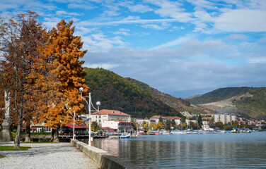 Autumn in the park. Yellow and red leafy trees on the waterfront (Danube). Autumn landscapes.