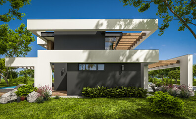 3d rendering of modern cozy house with pool and parking for sale or rent in luxurious style and beautiful landscaping on background. Summer sunny day with clear blue sky.