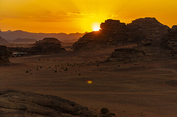 Vintage photos from archive. Jordan. Sunset in Wadi Rum desert. Martian landscapes in lifeless desert. Red rocks and red sand.