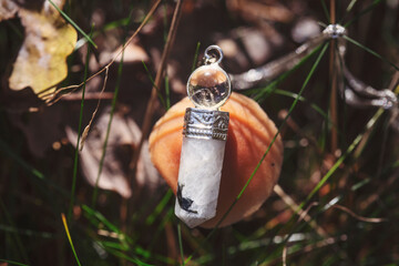 Crystal quartz and agate pendant necklace on autumn forest mushroom