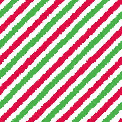Christmas seamless red, green and white stripes pattern, vector illustration. Striped pattern with rough diagonal lines. Christmas background for scrapbook, print and web