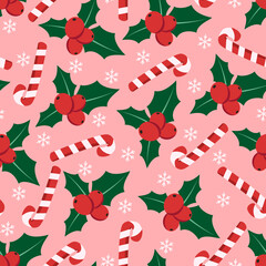 Vector seamless pattern with candy cane, holly berry and snowflakes. Winter background. Pattern for fabric, textile, wrapping paper, wallpaper and other decoration.