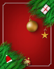 Christmas greeting card invitation with ball and red gift decorated illustration.  