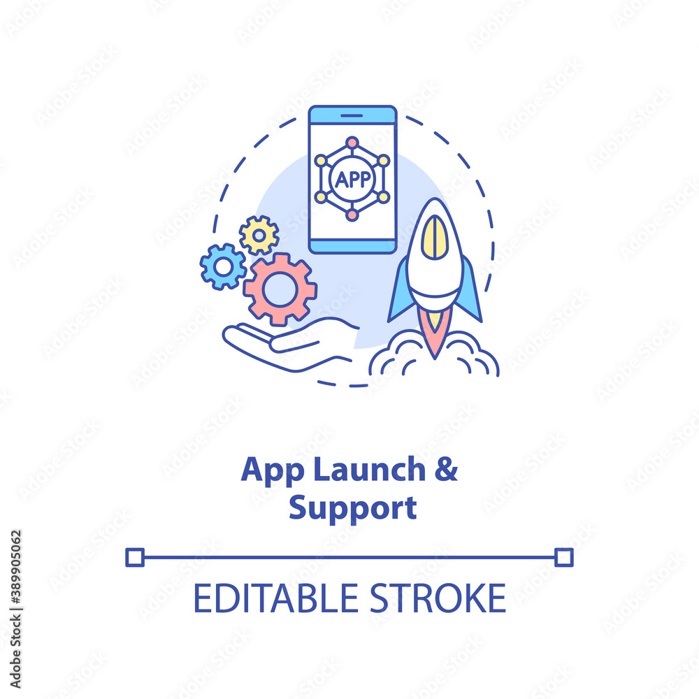 Aufkleber app launch and support concept icon. mobile app development process. move project from development t