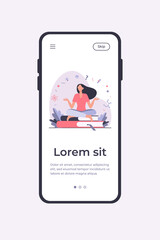 Woman sitting and meditating on pile of books. Student, study, learning flat vector illustration. Education and knowledge concept for banner, website design or landing web page