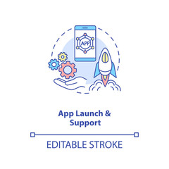 App launch and support concept icon. Mobile app development process. Move project from development to production idea thin line illustration. Vector isolated outline RGB color drawing. Editable stroke
