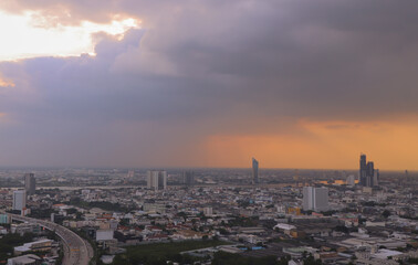 Fototapeta na wymiar Bangkok, Thailand - Nov 03, 2020 : City view of Bangkok before the sunset creates energetic feeling to get ready for the day waiting ahead. Copy space, Selective focus.