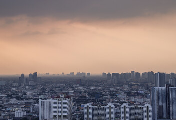 Fototapeta na wymiar Bangkok, Thailand - Nov 03, 2020 : City view of Bangkok before the sunset creates energetic feeling to get ready for the day waiting ahead. Copy space, Selective focus.