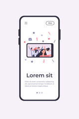 Happy friends taking selfie on smartphone during party. Fun, mobile phone, holiday flat vector illustration. Friendship and celebration concept for banner, website design or landing web page