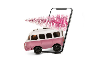 online delivery of Christmas products and Christmas trees, vintage toy truck rides from a mobile phone. Concept for holiday and business. Pink color, isolate on a white background