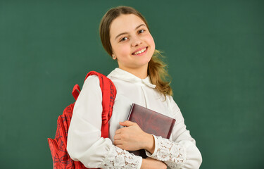 Knowledge day. Clever teenager student. Girl in school classroom copy space. School project....