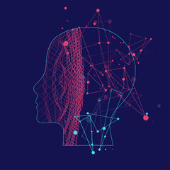 Outline of a human head with an abstract wave. Plexus effect.