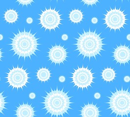 Large and small snowflakes on a blue background. Seamless vector pattern. Fluffy snowflakes. The endless pattern. Can be used for postcards, paper, website, fabric. 