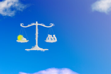 Cloud shape of light bulb idea and money on balance scale, blue sky background. Transforming idea into cash concept.