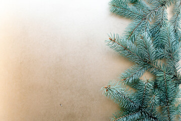 Golden Christmas or new year background, a simple composition of green fir branches. Flatlay, an empty space for greeting text.