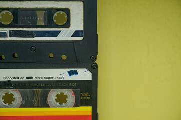 Cassettes audio tape on yellow background. Bandung, Indonesia. November 2, 2020.