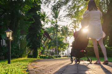 Mom and the little son on the stroller in park