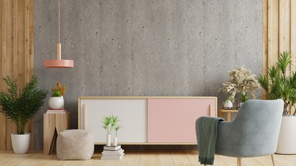 Cabinet TV in modern living room with decoration on concrete wall background.