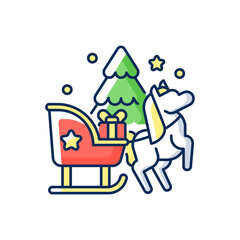 Obraz na płótnie Canvas Sleight ride RGB color icon. Sleigh drive. Santa Claus vehicle. Reindeer in harness. Christmas tree. Xmas present. New Year fun. Holiday season activity. Isolated vector illustration