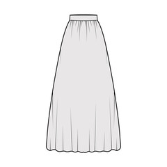 Skirt maxi dirndl technical fashion illustration with floor ankle lengths silhouette, semi-circular fullness. Flat bottom template front, grey color style. Women men unisex CAD mockup