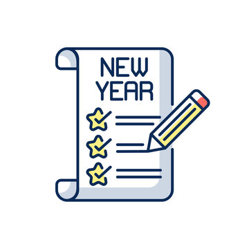 recommend clip art: New Year resolutions RGB color icon. Annual plan. Checklist with task. Paper with self improvement step. Wintertime recreation. Winter fun. Christmas season. Isolated vector illustration