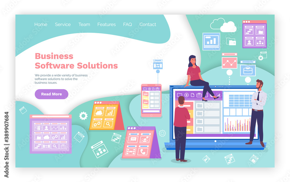 Aufkleber landing page of website. business software solutions. people working with graphics, analysing charts