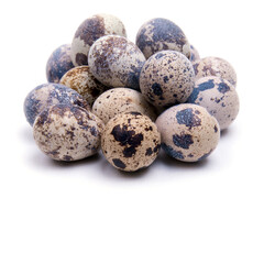 Quail eggs, close-up on a white background, copy space,