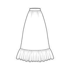 Skirt prairie dirndl technical fashion illustration with floor ankle lengths, semi-circular fullness, thick waistband. Flat bottom template front, white color style. Women men unisex CAD mockup