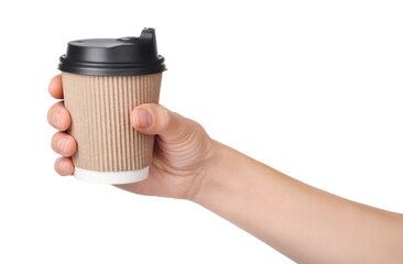 Female hand holding takeaway coffee paper cup isolated on white background.